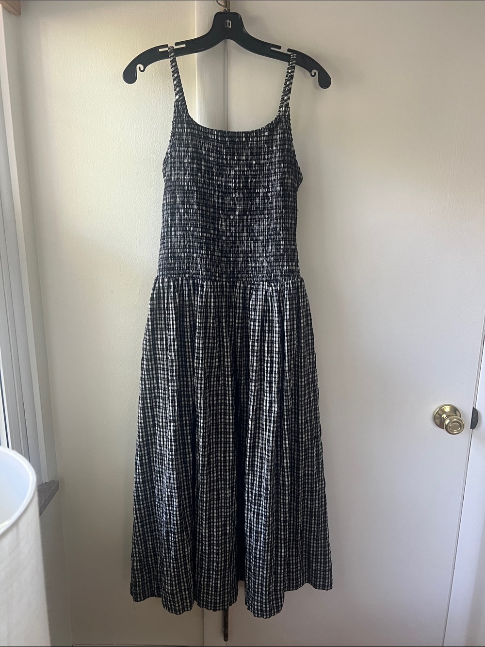 All : Row Black and White Drop Waist Smocked Bodice Midi Dress